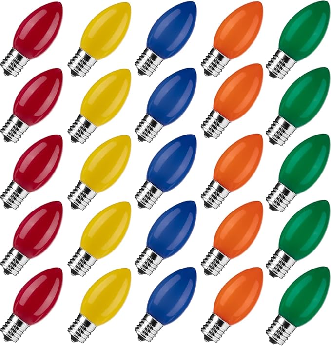 Brightown C9 LED Replacement Christmas Bulbs, 25 Pack Multicolor Shatterproof C9 Bulbs, Waterproof Commercial LED Holiday Bulb for Christmas String Light, E17 Intermediate Base, Dimmable