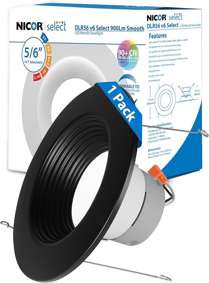 NICOR Lighting Recessed Ceiling Lights LED Downlight - 5/6 inch LED Recessed Light Fixtures - Selectable CCT 2700K-5000K, 918 Lumens, 10.3W - DLR56 LED Retrofit Ceiling Light, Black Baffle, 1-Pk