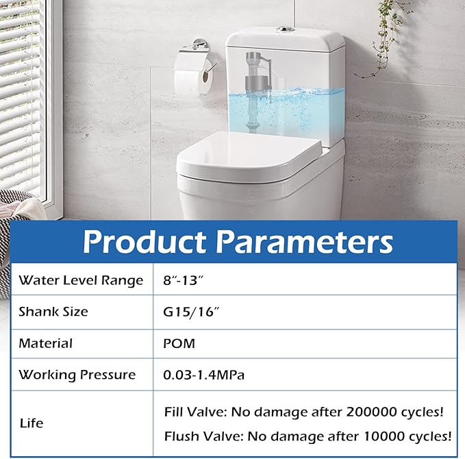 4 Pieces Adjustable Toilet Fill Valve Replacement Kit with Gloves, Quiet Toilet Flush Valve for Tank and Bowl, Universal Toilet Valve Replacement Set (8–13 in, G15/16")