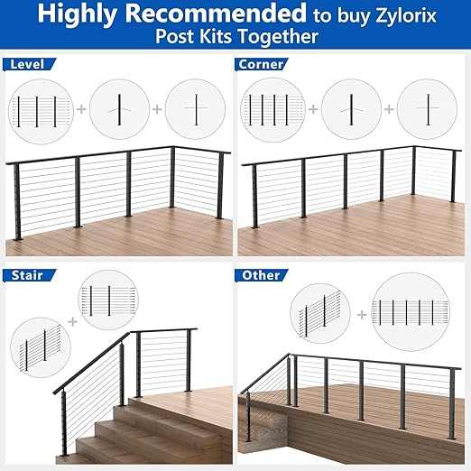 36" Expandable 20-24FT Black T304 Cable Railing Post Kit, Complete Cable Railing System with 6 Level Posts & 259ft 1/8" Wire Rope(No Handrail), Adjustable Length Easy DIY for Decks/Porch