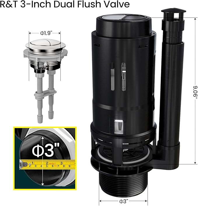 R&T 3-Inch Dual Flush Valve with Top Push Button Toilet Repair Kit Inside Tank dual flush valve replacement kit for 2-piece Toilet A2422M