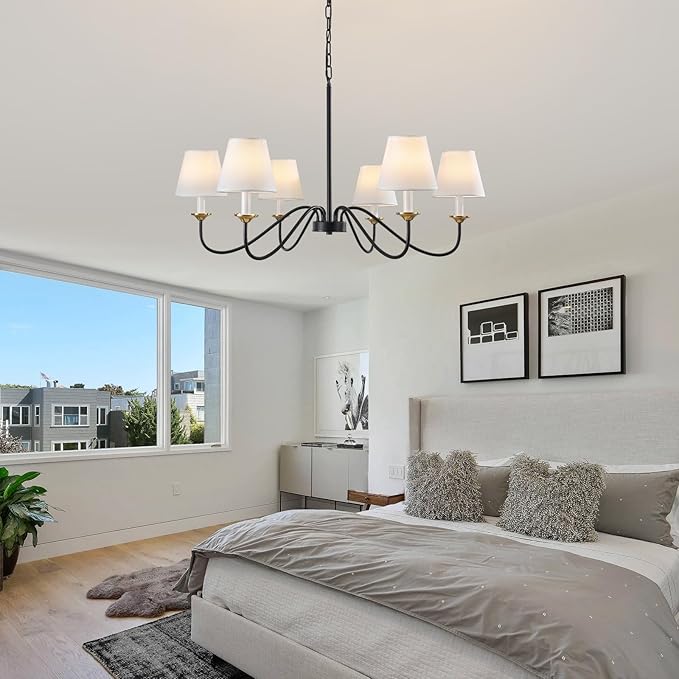 Vintage Chandelier Farmhouse Chandelier for Dining Room - 6 Lights 35.8" Modern Light Fixture, Adjustable Pendant Lighting for Living Room Hallway Bedroom Foyer Black with White Fabric Shade