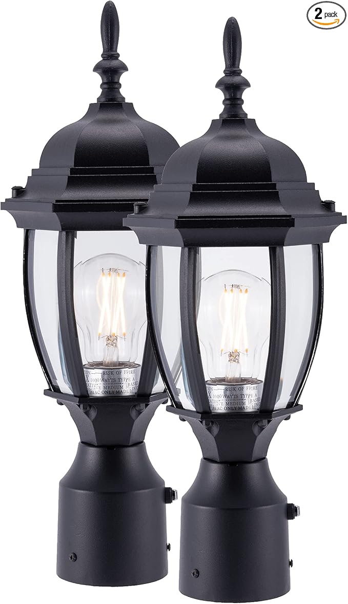 LIT-PaTH Dusk to Dawn Outdoor Post Lighting Fixture Pole Lantern, E26 Medium Base Max 60W, Aluminum Housing Plus Glass, Bulb Not Included (Black, 2-Pack)