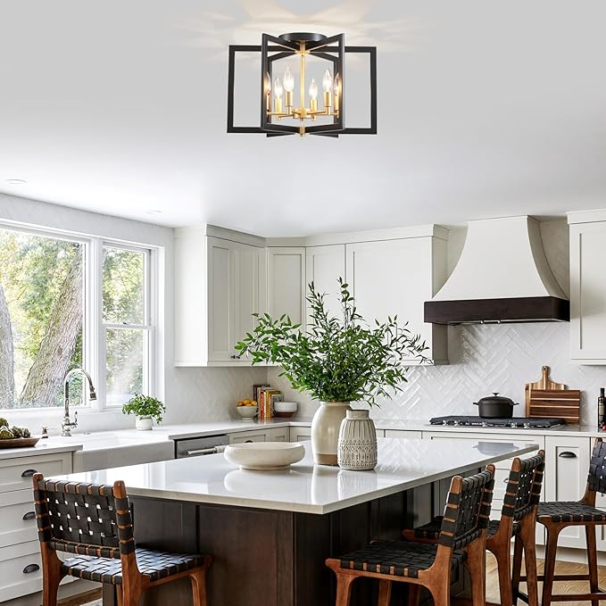 Ceiling 6-Light Black and Gold 20" Modern Geometric Semi Flush Mount Ceiling Lighting Fixture for Kitchen Island Living Room Dining Room Entryway