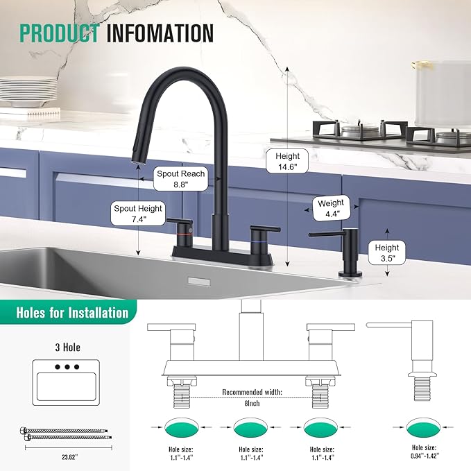 CREA Black Kitchen Faucets with Pull Down Sprayer and Soap Dispenser,Two Handles 8-Inch 4 Holes Bar Sink Faucet for RV Laundry Camper Utility Sink Brushed Nickel Stainless Steel