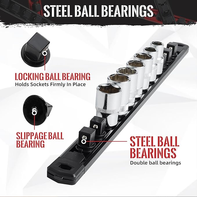 Magnetic Socket Organizer, 3-Piece Heavty Duty Aluminum Socket Holder, Socket Rail for Tool Box, Premium Quality 360° Swivel Socket Rack with 42 Clips for 1/4-Inch(Black)