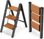 WOA WOA Step Ladder with Widened Pedals, Folding Step Stool with Anti-Slip Feet, Portable Home Ladder for Adults, Kitchen Small Stepladder 300 lbs Capacity (3 Step, Black & Wood Grain)
