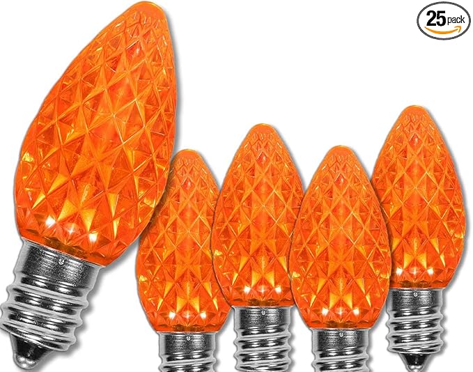 Wintergreen Lighting 25 Pack OptiCore C7 LED Christmas Light Bulbs - Replacement LED Christmas Lights Heavy Duty Premium Outdoor Christmas Lights, E12 Base (Amber/Orange Faceted)