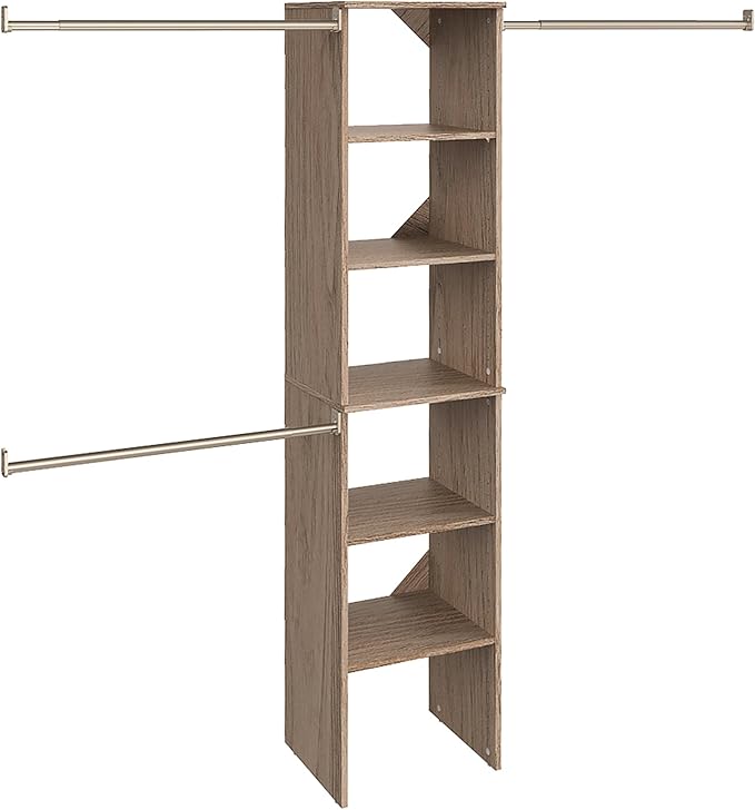 ClosetMaid SuiteSymphony Wood Closet Organizer Starter Kit with Tower and 3 Hang Rods Shelves, Adjustable, Fits Spaces 4 – 9 ft. Wide, Natural Gray, 16"