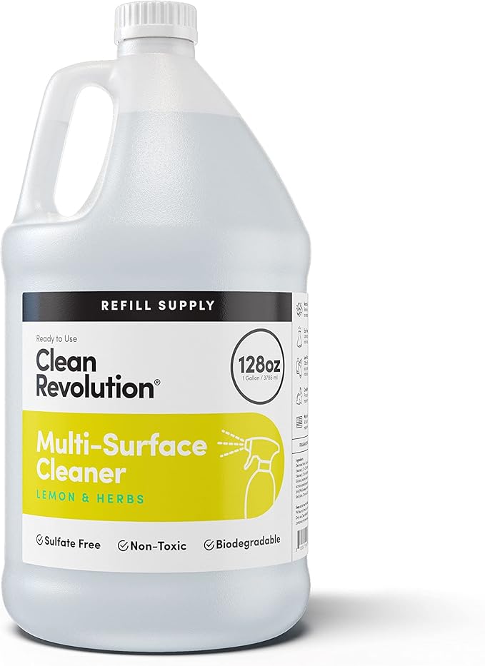 Clean Revolution Multi Surface Cleaner Refill Supply, Non-Toxic, Eco-Friendly & Plant-Based, Ready to Use, Lemon & Herbs, 128 Fl Oz (1 Gallon)