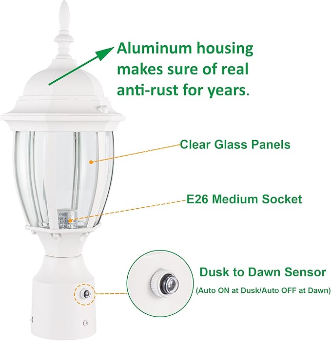 LIT-PaTH Dusk to Dawn Outdoor Post Lighting Fixture Pole Lantern, E26 Medium Base Max 60W, Aluminum Housing Plus Glass, Bulb Not Included (White, 1-Pack)