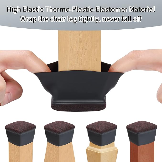 Ezprotekt 24 Pcs Square Chair Leg Floor Protectors for Hardwood Floors, Silicone Felt Furniture Pads, Table Chair Leg Cups Covers, Bar Stools Leg Protectors Caps (XL Fit: 1.5" - 2", Black)