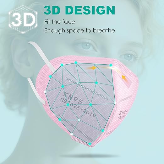 LEMENT KN95 Face Masks,100 Pack Breathable Cup Dust Disposable Masks For Adults,Pink