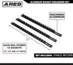 ARES 70087-3-Piece Aluminum Socket Organizer - 1/4-Inch, 3/8-Inch, and 1/2-Inch Drive Rails Hold 48 Sockets and Keep Your Tool Box Organized