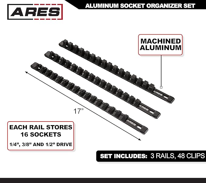 ARES 70087-3-Piece Aluminum Socket Organizer - 1/4-Inch, 3/8-Inch, and 1/2-Inch Drive Rails Hold 48 Sockets and Keep Your Tool Box Organized