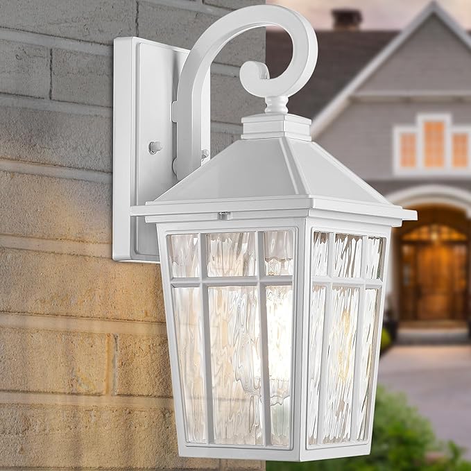 Darkaway Outdoor Wall Lights for House, Exterior Lighting Fixtures Wall Mount Outside Porch Lights Waterproof White Outdoor Sconce Lights with Water Ripple Glass for Patio Garage Front Door
