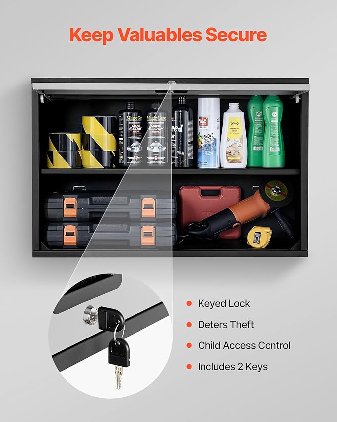 VEVOR Metal Wall Cabinet, 27.56W x 12.01D x 19.69H Inch, Floating Garage Tool Cabinet with Up-Flip Door and Shelf, 240 lbs Load Capacity, Fit for Garage, Basement, Kitchen, Warehouse Assembly Required