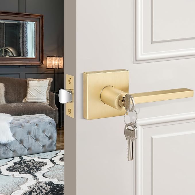 EHOMEWARE 4 Pack Gold Door Handle - Keyed Different, Entry Door Lock with Keys for Living Room or Bedroom, Satin Brass Interior Door Knob with Keys