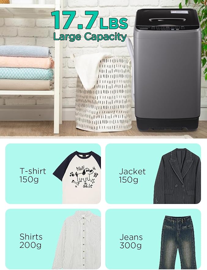 17.7 lbs Washing Machine with Drain Pump, Full Automatic Washer with 10 Wash Programs 8 Water Levels for Home, Apartment, RVs, Dorm, Grey