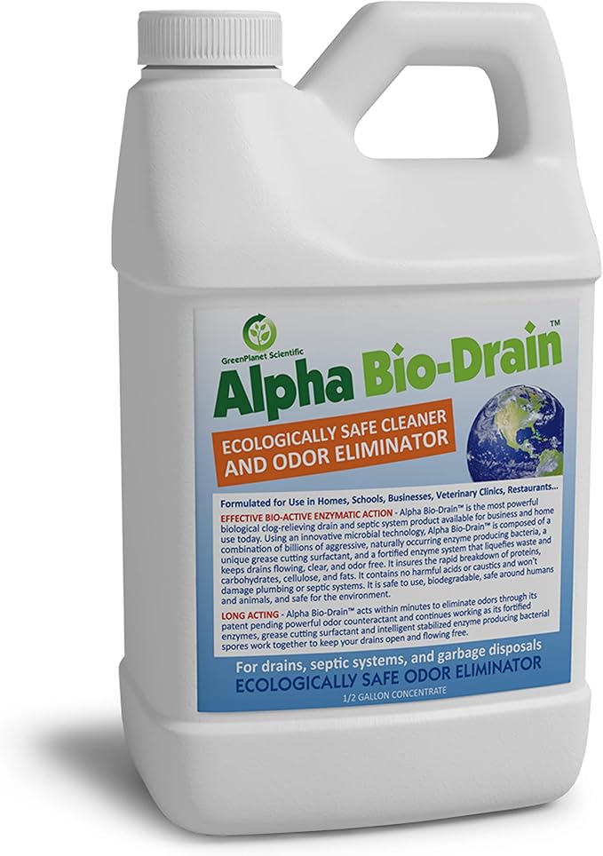 ALPHA BIO-DRAIN - Enzyme-Based Maintenance to Help Prevent Clogs and Reduce Odors from Pet Waste, Grease, Hair in Drains and Septic Systems - ½ Gallon by Alpha Tech Pet
