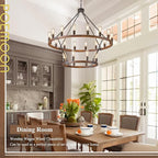 2 Tier Wooden Wagon Wheel Chandelier 43.3'' Farmhouse 24 Lights(16+8) Black Rustic Light Fixture 2-Story Round Wood Chandelier for High Ceiling Living Dining Room Foyer Villa