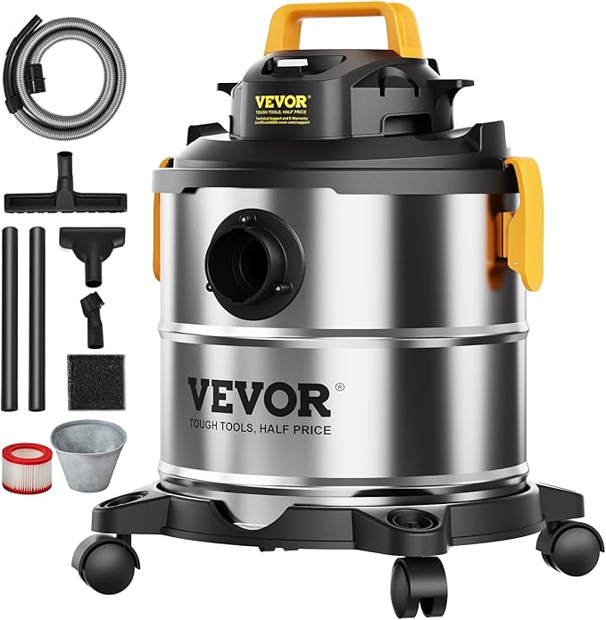 VEVOR Stainless Steel Shop Vac Wet and Dry Vacuum Cleaner 5.5 Gallon 6 Peak HP - Powerful Suction with Blower Function & Attachments 2-in-1 Crevice Nozzle - Perfect for Car Carpet Debris Pet Hair