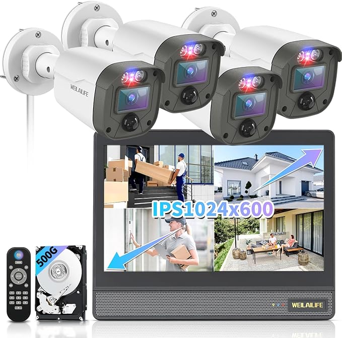 【All-in-One Security System】 Outdoor Wired Security Camera System with 10’’ Monitor, Home Video Surveillance Systems, Outside CCTV Cameras for Home Security