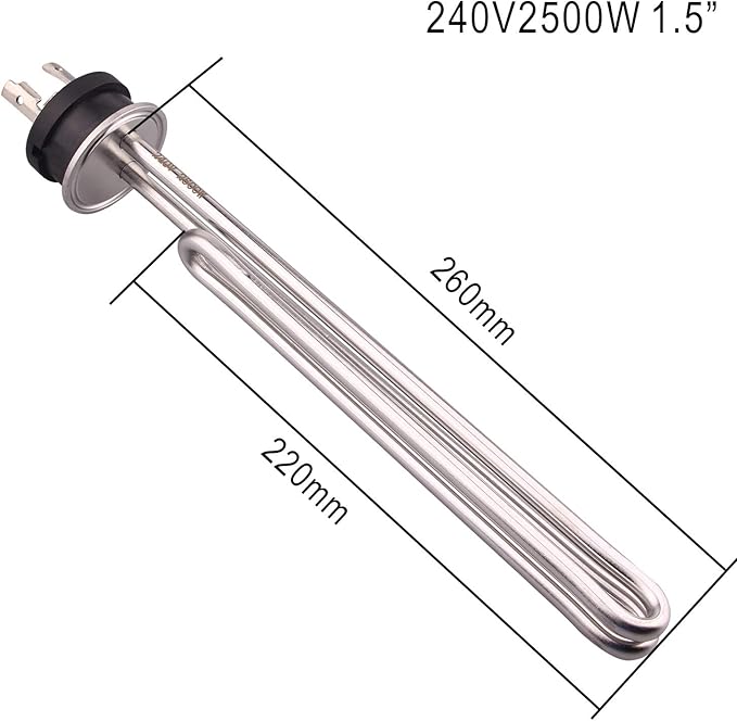 DERNORD 240V 2500W Tri-clamp Foldback Heating Element Stainless Steel Immersion Water Heater with 3-Wire Electrical Locking Plug (1.5 Inch Tri clamp)