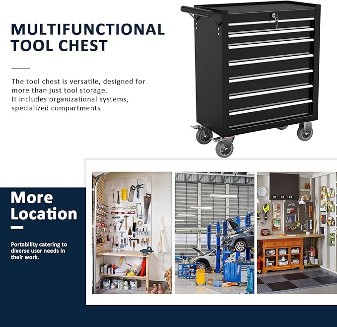 7-Drawer Metal Rolling Tool Chest with Wheels,Tool Storage Cabinet with Locking System，Toolbox with Wheels for Garage,Workshop, Repair Shop(Black, 7-Drawer)