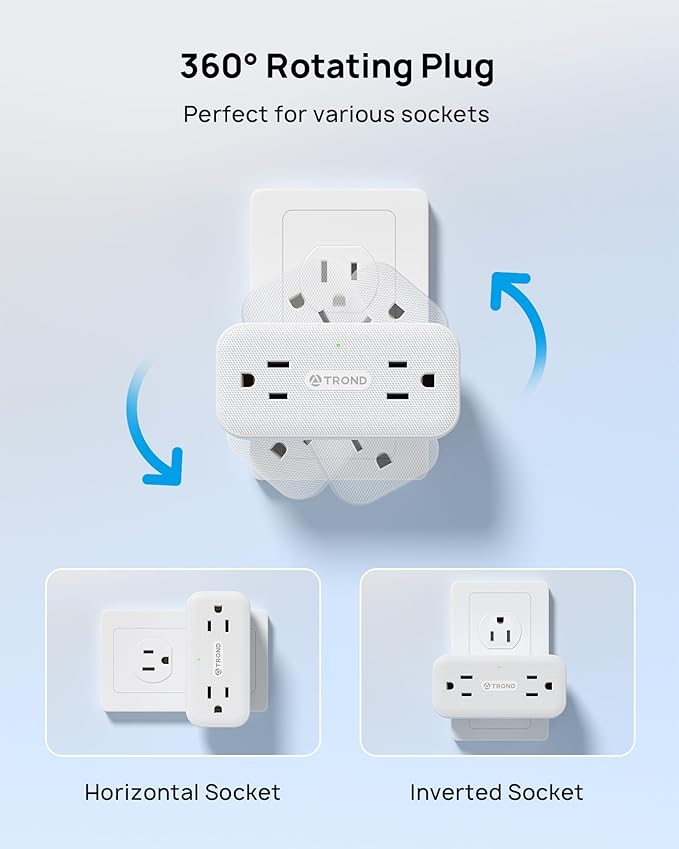 TROND Outlet Extender with 360 Rotating Plug, Plug Adapter with 4 Electrical Sockets and 4 USB Ports, 900 Joules Surge Protection, 3 Way Outlet Splitter for Home Office Travel, White
