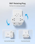 TROND Outlet Extender with 360 Rotating Plug, Plug Adapter with 4 Electrical Sockets and 4 USB Ports, 900 Joules Surge Protection, 3 Way Outlet Splitter for Home Office Travel, White