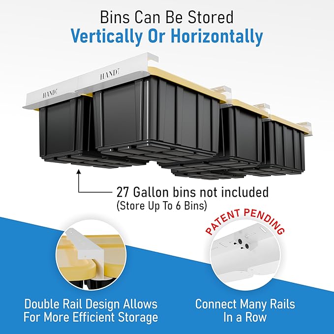 HANDT Overhead Garage Storage Rack, Connectable Heavy Duty Metal Ceiling Rails For Garage Storage Organization Shelving System, Hanging Racks For Tote Containers, Supports Up To 6 Bins, 4 Sets White