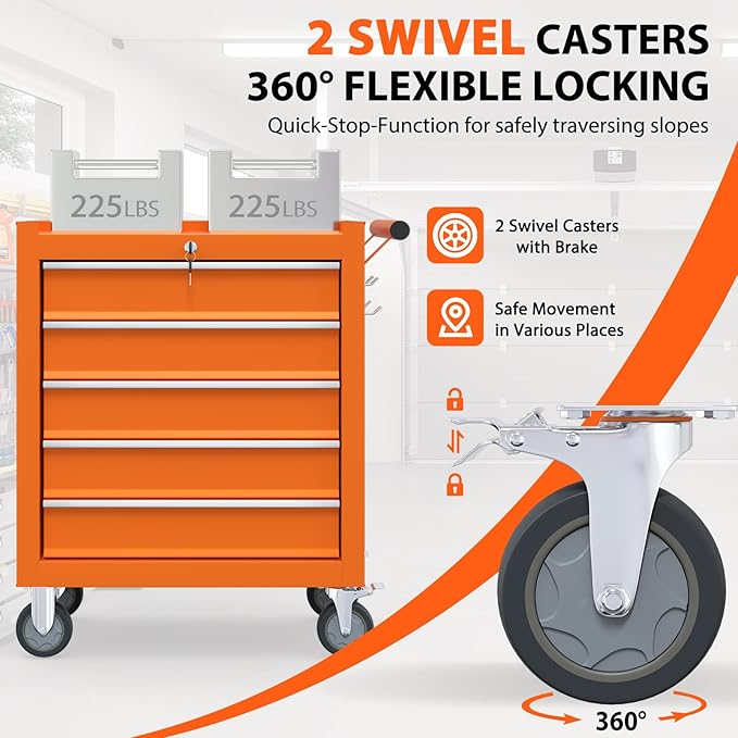 5-Drawer Rolling Tool Chest, Tool Box with 4 Wheels and Drawers, High Capacity Detachable Mobile Tool Storage Cabinet for Garage, Workshop, Mechanics and Repair Room (Orange)