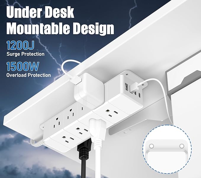 ANNQUAN 40W Fast Charging Under Desk Power Strip,12 Outlet Mountable Power Strip with 4 USB,1200J Surge Protection,6FT Flat Extension Cord