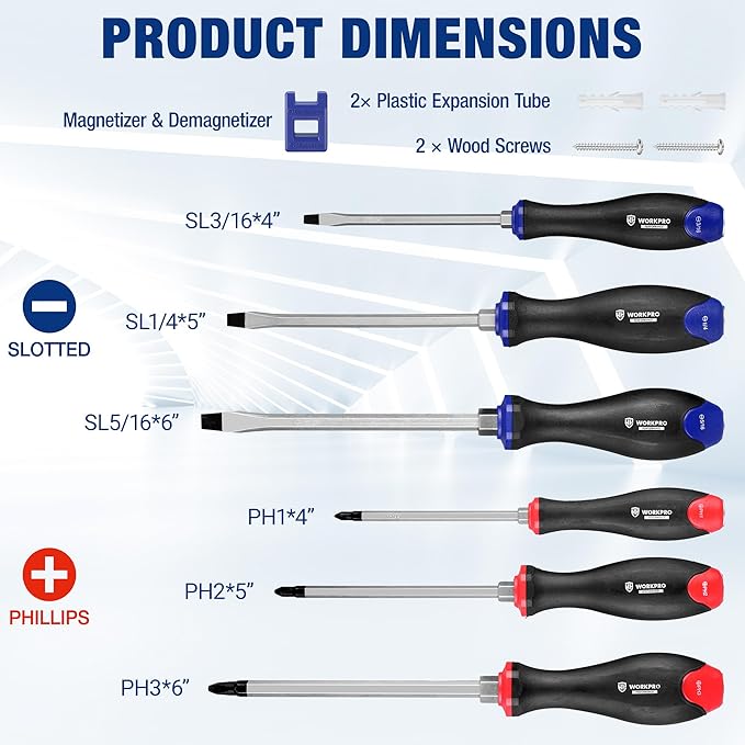 WORKPRO Magnetic Screwdriver Set 12-Piece, Go-Thru Screw Driver Set Kit with Wall Mount Rack, Includes Slotted & Phillips Screwdrivers, Magnetic Screwdriver with Magnetizer Demagnetizer Tools