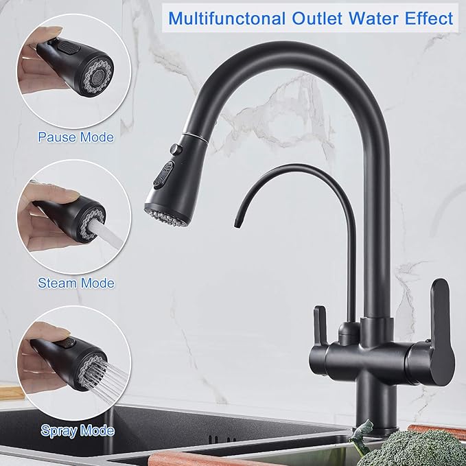 MENATT Commercial 3 in 1 Drinking Water Faucet, High Arc Water Filter Purifier Kitchen Faucets, Dual Handle Pull Out Kitchen Sink Faucet (Matte Black)