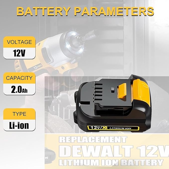 12V DCB120 2.0Ah Battery Replacement for DeWalt 12v Max Battery DCB120 DCB121 DCB123 DCB122 DCB124 DCB125 DCB127,Compatible with DeWalt 12V power Tools , Lightweight Lithium UL Certified (2-Pack)