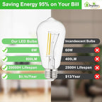 Depuley LED Light Bulbs E26: Chandelier Lights Bulb 6W Equivalent 60W - Edison Vintage Bulbs Daylight 5000K ST58 Clear Glass Bulb 800LM 80+CRI Non-Dimmable 6-Pack