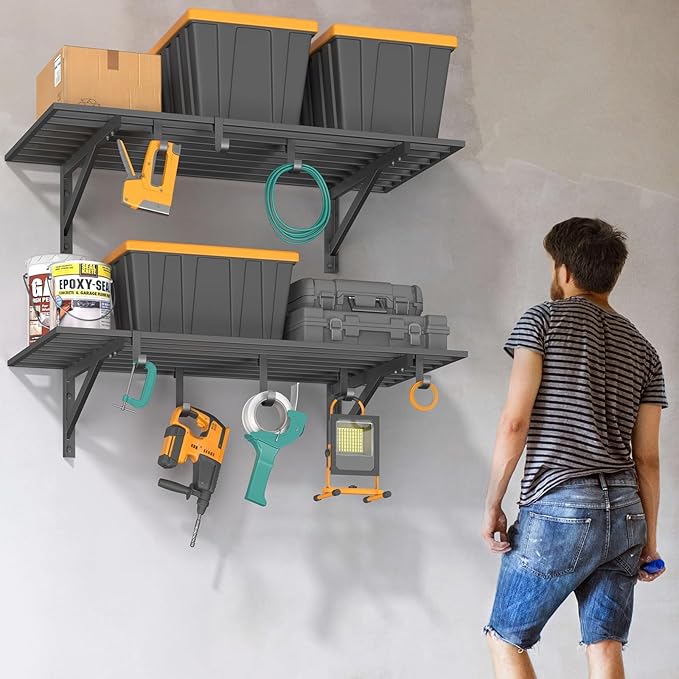 2-Pack 2x4ft Garage Shelving Wall Mounted, 2' x 4' Heavy Duty Garage Storage Shelves with Hooks, 400LB Capacity