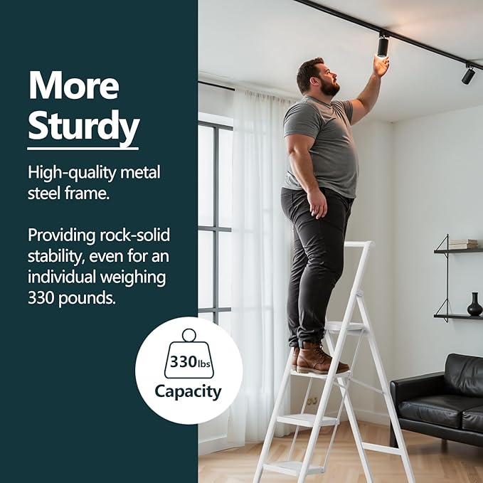 WOA WOA 4 Step Ladder, Foldable Ladder with Wide Pedals and Handle, Sturdy Ladders for Home and Kitchen with Anti-Slip Feet, Supports up to 330 lbs - White