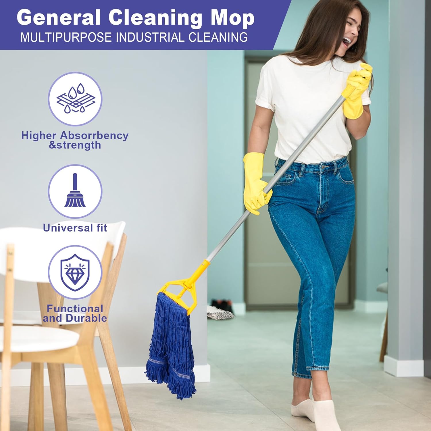 3 Pack Heavy Mop Replacement Head,Commercial Industrial Grade Blue Cotton Ring Heads,Cotton Looped End String Cleaning Mop Refills, Applied to Mop of Clamping Side-Loading Handles