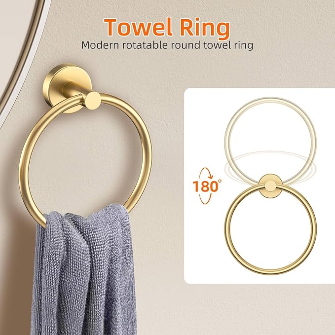 Brushed Gold 6 Pieces Bathroom Hardware Accessories Set Gold Towel Bar Set,Modern Towel Holder Set for Bathroom,Stainless Steel Towel Rack Set Wall-Mounted 23.6 Inch
