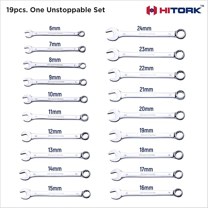 HITORK 19 Piece Metric Combination Wrench Set (6–24mm) Cr-V Steel Mirror Chrome Finish 12-Point Box End, 15° Offset, Roll-Up Pouch – Durable Open End Wrench Set for Home, Garage & Auto Repair