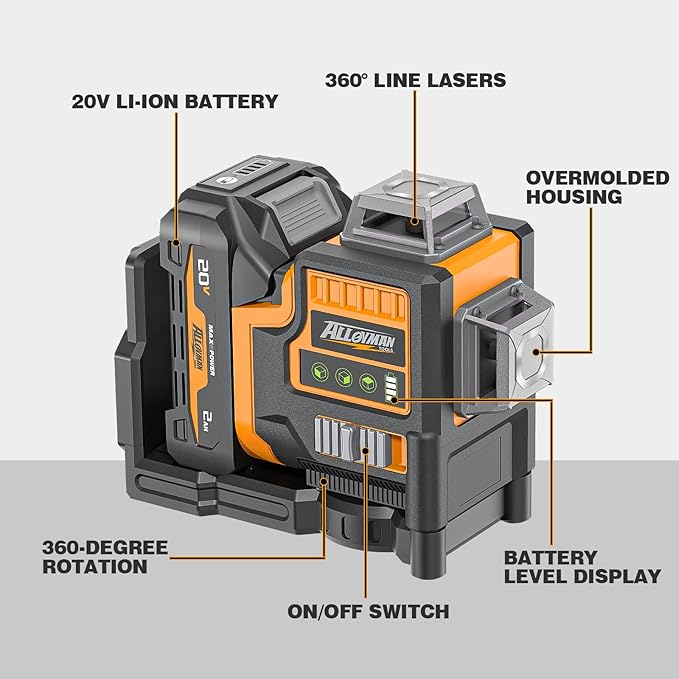 Alloyman Max 20V Laser Level with Tripod, 3x360° Self-Leveling Laser level, 3D Lazer Leveler Tool for Construction, Picture Hanging with Strong Magnetic Bracket & Hard Carry Case