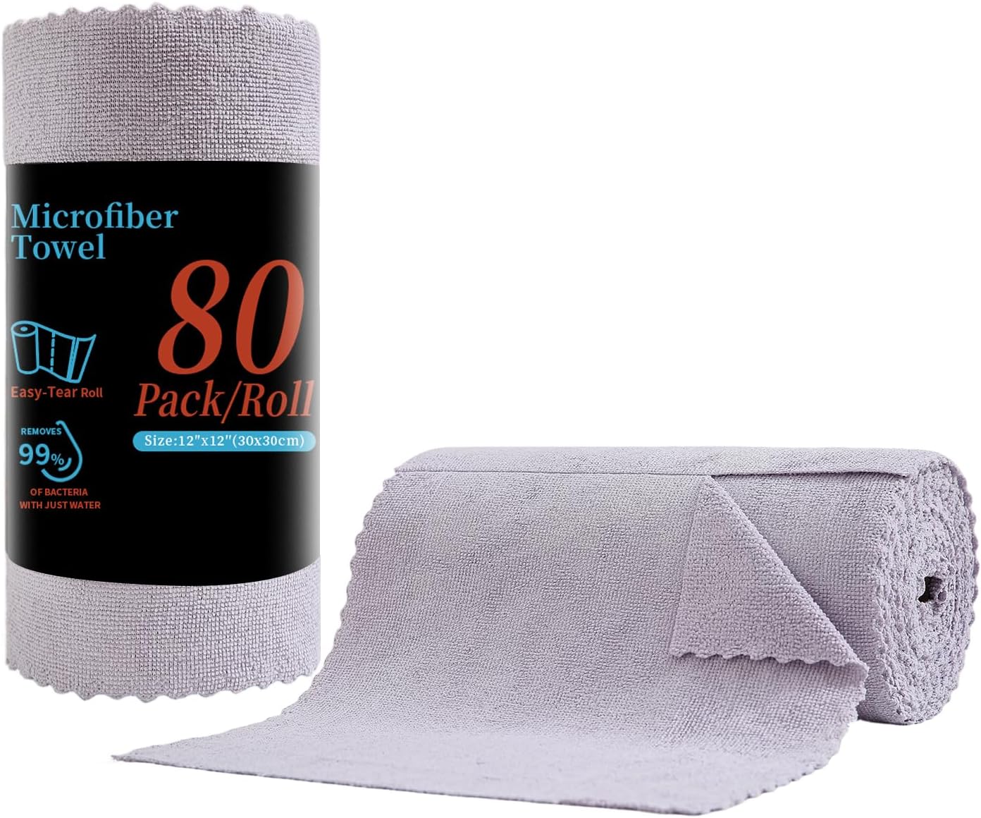 80 Pack Microfiber Cleaning Cloth Roll,Lint Free Rags & Tear Away Reusable Towels Washable Scratch,Ultra Absorbent Dish Rags(12" x 12") for Car Kitchen Home Garage-Light Purple