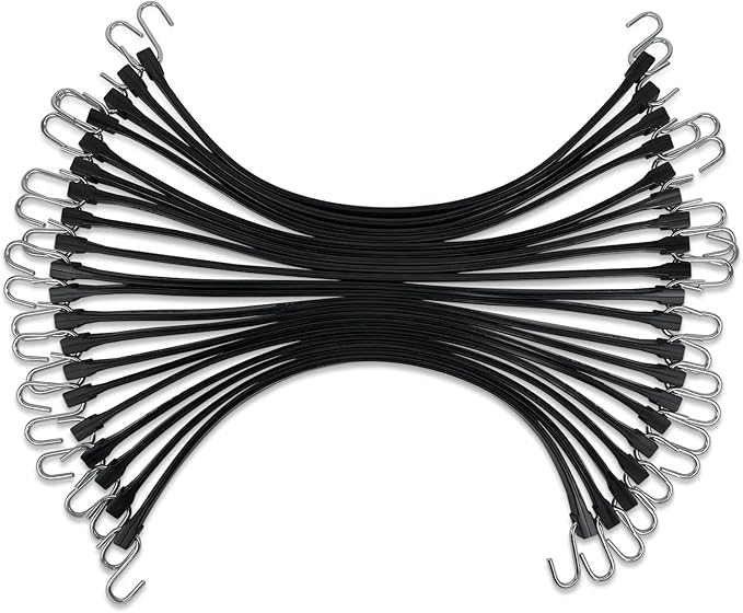 15" Rubber Bungee Cords with Hooks, 100% EPDM Bungee Cord with 150% Max Stretch, Heavy Duty Bungee Straps for Securing Tarps, Canvases, Cargo, Motorcycle, Weatherproof, Pack of 20