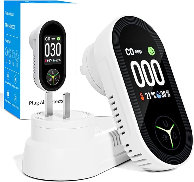Carbon Monoxide Detectors, Plug in Wall, 3-in-1, with Large Display Screen,for CO Unit,Temp Value,Hum Value,4 Color Alert lcons, Adjustable Brightness Design