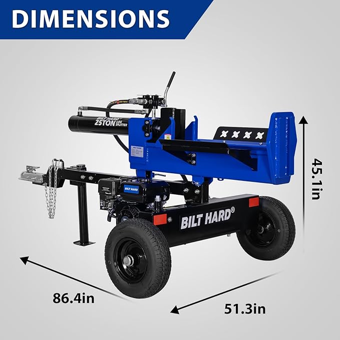 BILT HARD 25-Ton Horizontal/Vertical Towable Gas Log Splitter, Hydraulic Log Splitter with 8 HP 223cc 4-Cycle OHV Engine, 2" Ball Coupler, Safety Chains, Wood Splitter for Firewood Splitting