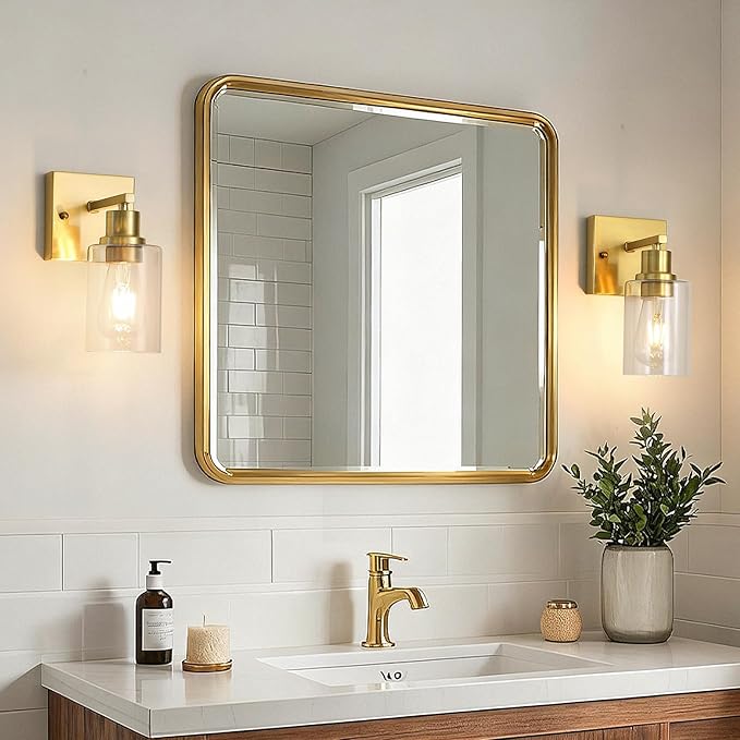 EMONG Gold Bathroom Light Fixtures,1-Lights Brushed Brass Vanity Light with Clear Glass Shade, Wall Sconces for Hallway, Farmhouse, Living Room
