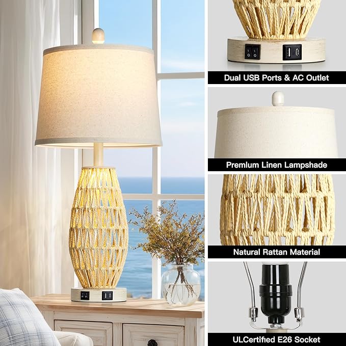 27“ Beige Rattan Table Lamps with Night Light, Boho Bedside Lamps Set of 2, Woven Wicker Bedroom Lamp for Nightstand with USB A+C Charging Port & AC Outlet, Tall Coastal Living Room Lamp